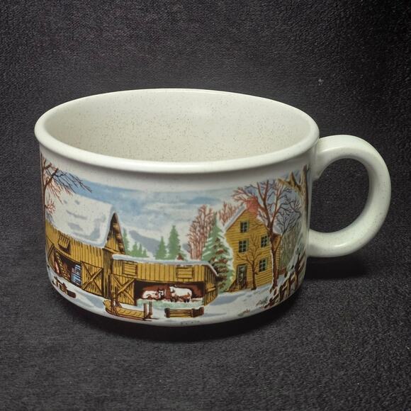 Vintage Sunnycraft Stoneware Collection Winter Snow Cabin Soup Mug Bowls 22203 - Picture 1 of 9